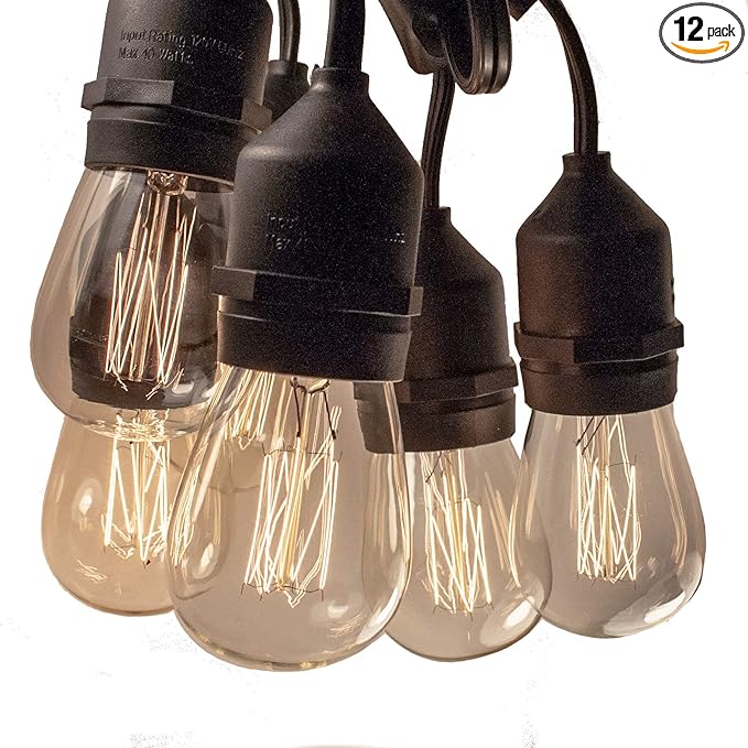Hometown Evolution, Inc. E26 Outdoor Commercial String Lights with Suspended Socket for Weatherproof Heavy Duty Vintage Outside Lighting (S14 Lantern Edison 11 Watt Bulbs, 24 Foot 12 Socket)