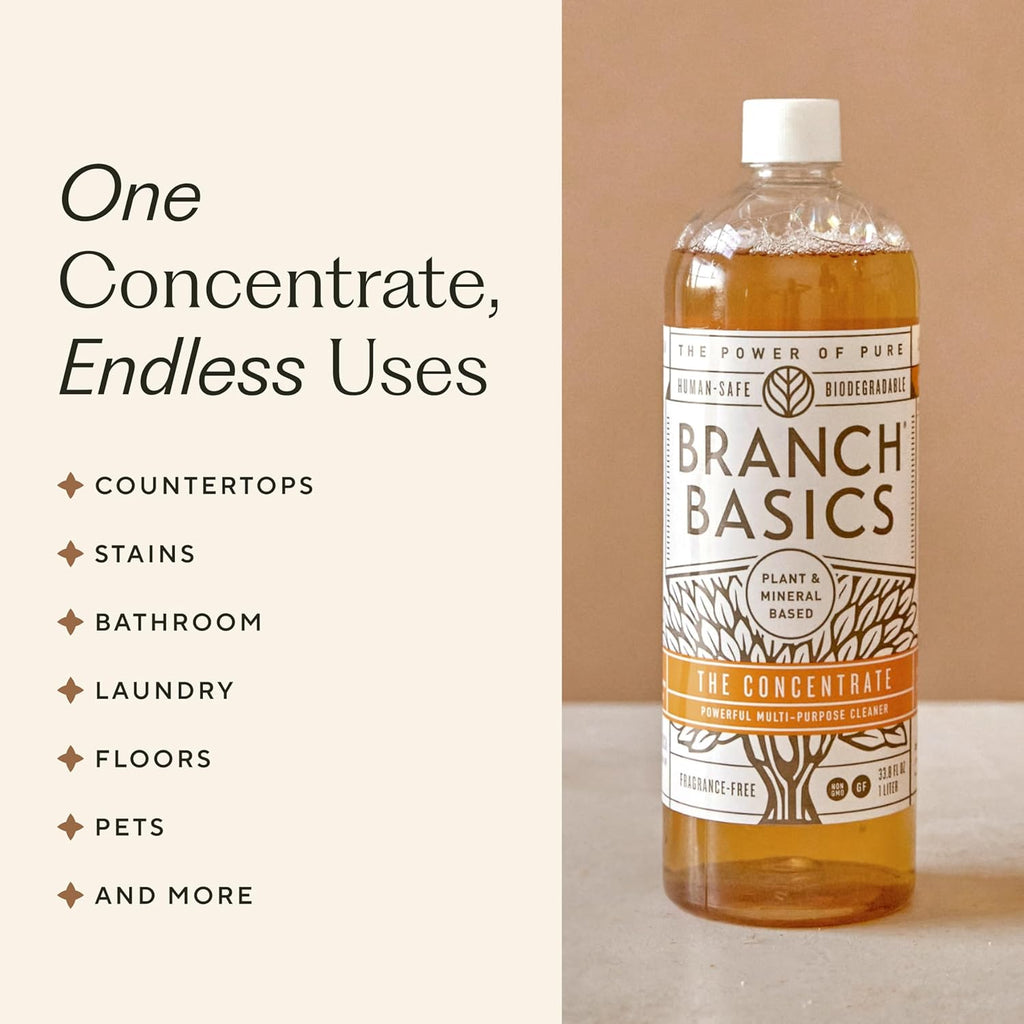 Branch Basics Cleaning Essentials Kit: All Purpose, Glass and Bathroom Cleaner - Concentrate (33.8 Oz) (24 Refills) + Refillable Glass Spray Bottles (16 Oz) Plant Based, Human-Safe, & Fragrance Free