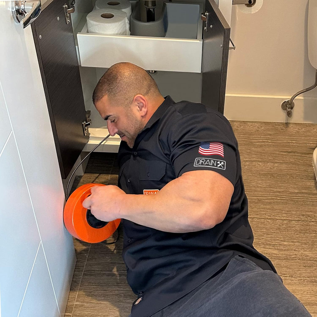 DrainX 35-FT Steel Power Pro Drum Auger Plumbing Snake with Drill Attachment | Use Manually or Powered | Heavy Duty Cable with Work Gloves and Storage Bag Included