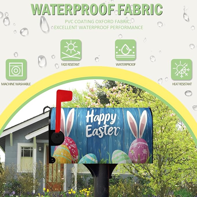 Easter Bunny Mailbox Cover Magnetic Standard Size 21 x 18 Rabbit Colorful Eggs Mailbox Covers Wraps Blue Spring Post Letter Box Cover for Home Garden Yard Decor