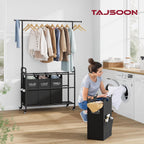Tajsoon Laundry Sorter Cart with Hanging Clothes Rack, 4 Butler Sorter Basket Organizer, Laundry Hamper Cart with Heavy Duty Rolling Lockable Wheels, Black