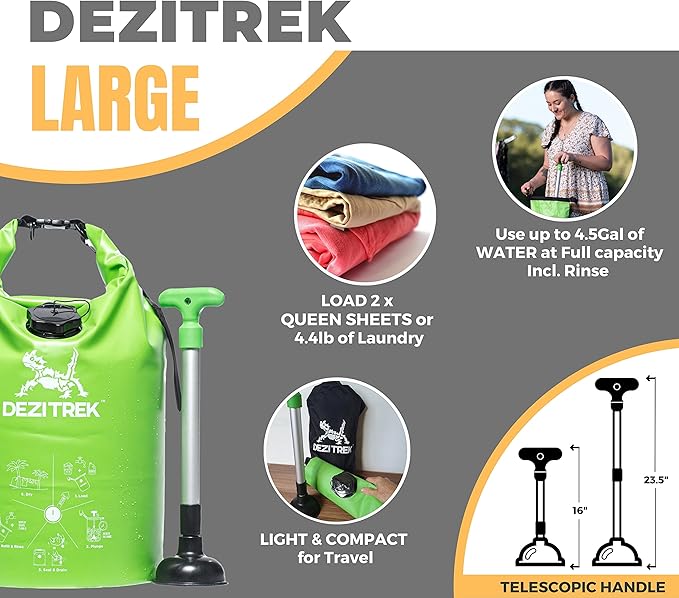 One Hand Wash Bag and Plunger Set - Off Grid Washing Machine Non Electric for Camping Travel | Eco Friendly Portable Manual Clothes