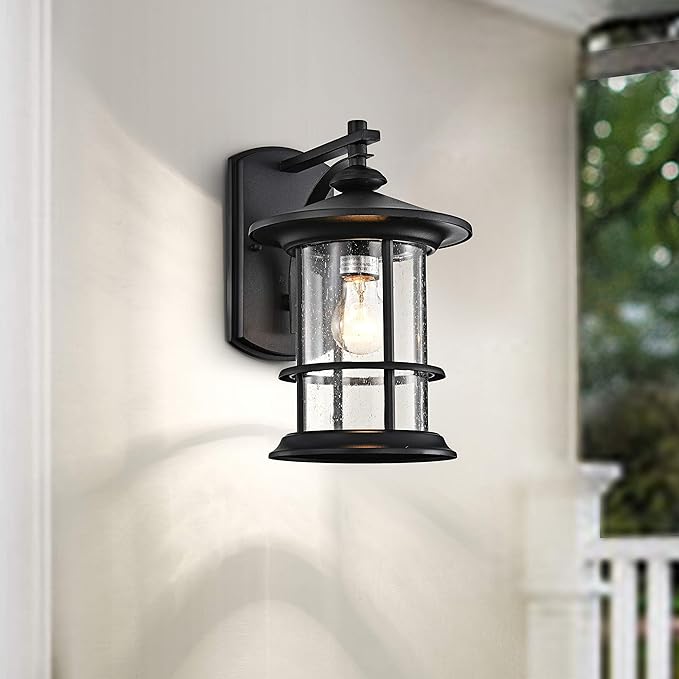MICSIU Textured Black Outdoor Wall Light 2 Pack, Clear Seedy Glass Large Exterior Porch Wall Lantern, H12.5 Inch Exterior Lights for House, Front Porch, Patio, Backyard.