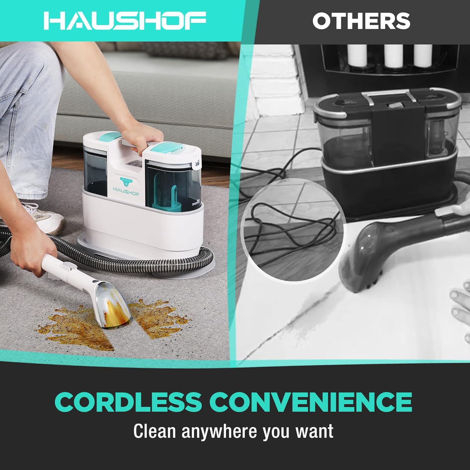 HAUSHOF Cordless Carpet & Upholstery Cleaner, Lightweight Deep Fabric Cleaner Machine with Brushless Motor & Powerful Suction for Pet Stains, Couch, Rug, Car Seats, Spot & Stain Cleaner Included