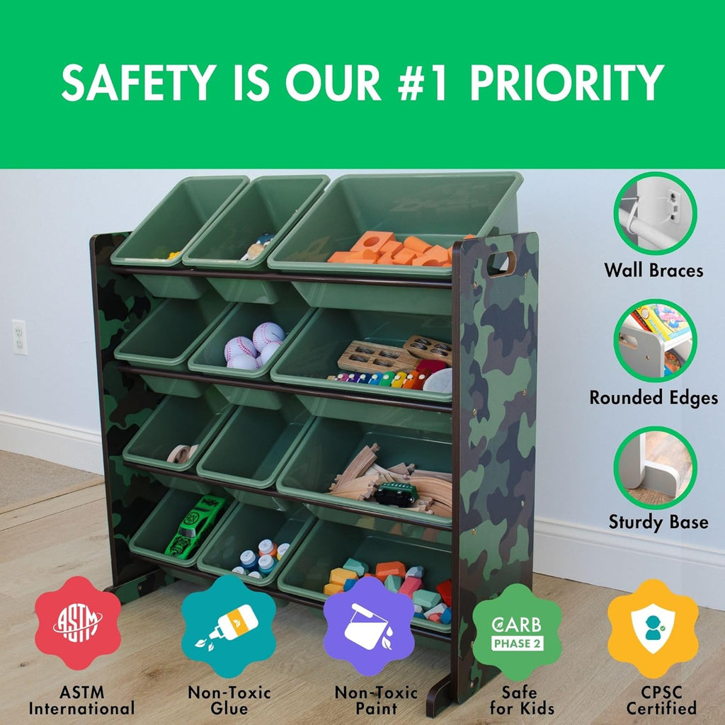 Humble Crew Kids Toy Storage Organizer with 12 Plastic Bins, Camo – Removable Bins for Playroom, Bedroom, Toddler Furniture for Boys and Girls Ages