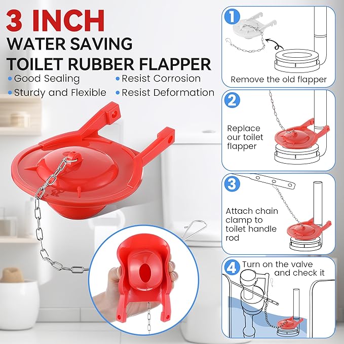 Saillong 3 Inch Universal Toilet Tank Replacement Kit, Toilet Flusher Fill Valve with Low Flow Flapper Repair Kit, Side Mount Flush Brass Handle, Adjustable Water Level, Easy to Install(Red)