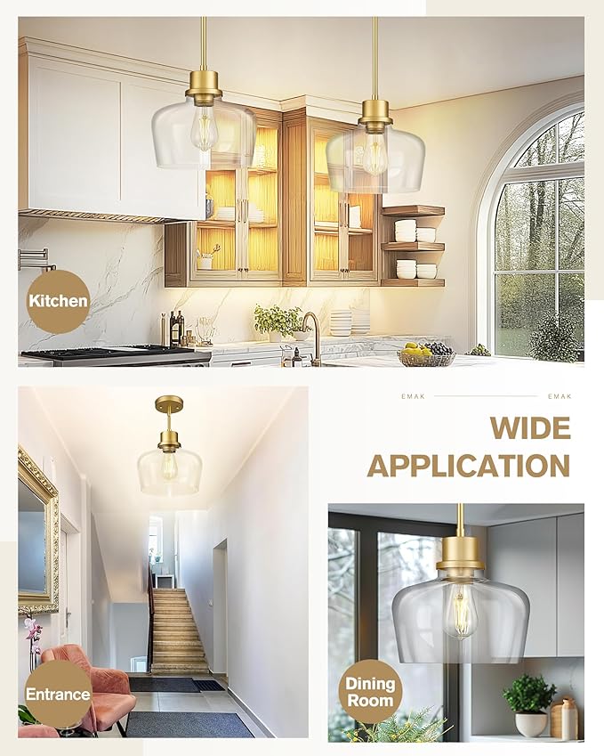 Emak Modern Gold Pendant Lights Kitchen Island, 10 Inch Large Pendant Light Fixtures with Clear Glass Shade for Kitchen, Dining Room, Entrance, PL126-GD-CG