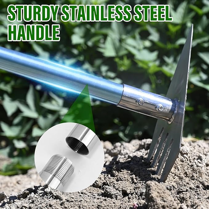 4-in-1 Garden Hoe Tool and Weeder, 56 Inch Ergonomic Long Handle Cultivator with Sharp Stainless Steel Blade, Heavy Duty Garden Hand Tiller for Weeding, Digging, Loosening Soil,Removing Moss