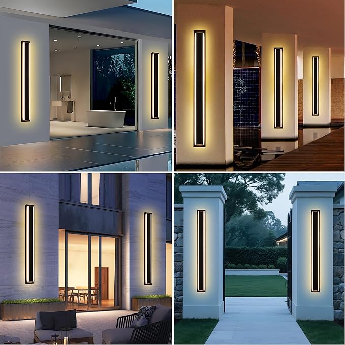 MELUCEE 2 Pack 48 Inch Outside Wall Lights for House 5 Color Dimmable Modern Long Strip LED Outdoor Wall Lights Fixture Black Linear Exterior Sconce Wall Mount Lighting for Balcony Porch Garage Stair