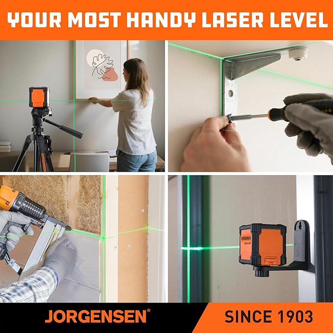 JORGENSEN Laser Level with Tripod, 65 FT Self Leveling Cross Line Laser Leveler Tool with 360° Magnetic Base, Green Laser Level for Picture Hanging, Home Renovation, Indoor Project