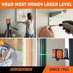 JORGENSEN Laser Level with Tripod, 65 FT Self Leveling Cross Line Laser Leveler Tool with 360° Magnetic Base, Green Laser Level for Picture Hanging, Home Renovation, Indoor Project