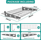 EVERHANGER Wall Mounted Garage Wall Shelves, 2 x 4 ft Metal Storage Shelves, Heavy Duty Wall Shelving with Hooks, Holds Up to 220 Lbs, Black