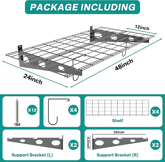EVERHANGER Wall Mounted Garage Wall Shelves, 2 x 4 ft Metal Storage Shelves, Heavy Duty Wall Shelving with Hooks, Holds Up to 220 Lbs, Black
