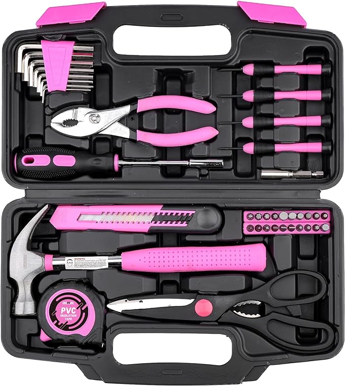 DOWELL 40 Pieces Home Tool Set Pink, General Household Hand Tool Kit with Plastic Toolbox Storage Case, Mini Repair Tool kit for Women, College Students, Home Use & More