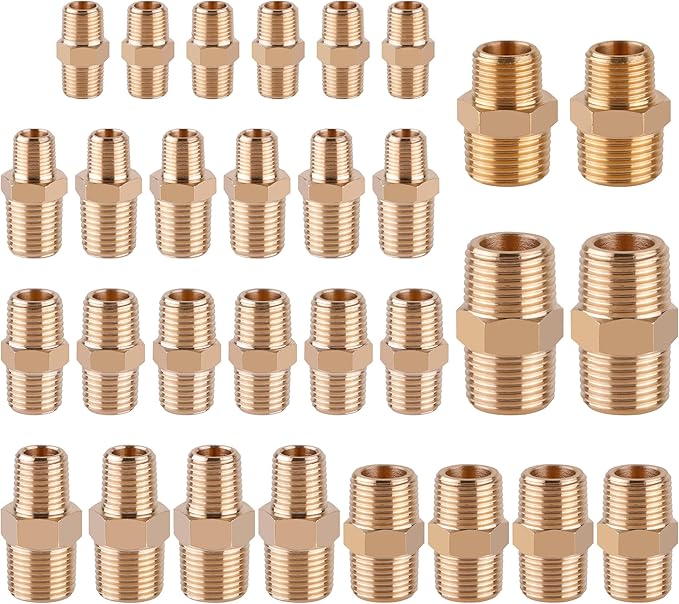 KOOTANS 30PCS Brass Pipe Fittings Hex Nipple Kit 1/8" to 1/8", 1/4" to 1/8", 1/4" to 1/4", 3/8" to 1/4", 3/8" to 3/8", 1/2" to 3/8", 1/2" to 1/2" NPT Male Adapter Pipe Fitting Brass Nipple Connector