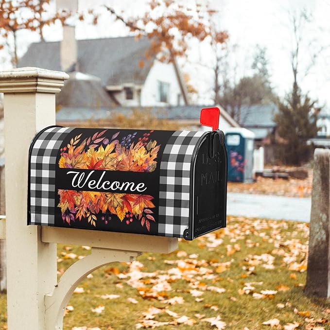 Fall Thanksgiving Maple Leaves Buffalo Plaid Mailbox Covers Magnetic Autumn Harvest Seasonal Holiday Welcome Post Letter Box Cover Standard Size 21x18 Inch for Garden Yard