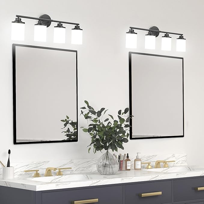 Modern Bathroom Vanity Light Fixture, 4-Light Sconces with Frosted Glass, Matte Black