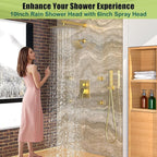 Enga Dual Shower Head Shower System with Body Jets, Wall Mount 10+6" Dual Rain Shower Head with 2 in 1 Handheld Spray for Two People, Shower Faucet Set with Valve Kit, Brushed Gold