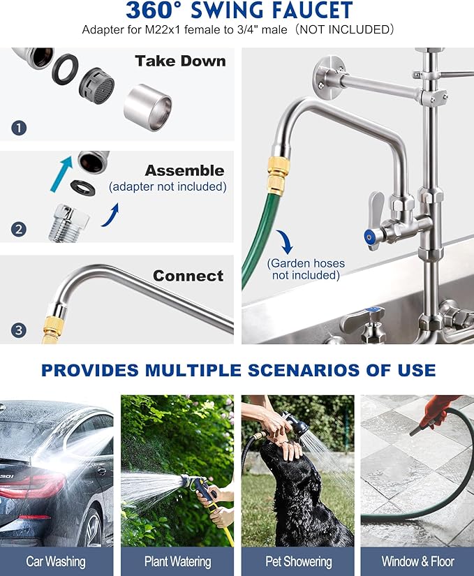 [New Upgrade] Brushed Nickel Commercial Kitchen Faucet with Pre-Rinse Sprayer 8 Inch Center Wall Mount Kitchen Sink Faucet with 9.6" Add-on Swing Spout 25" Height Faucet with Pull Down Spray