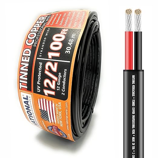 National Wire&Cable - 12/2 Tinned Copper Professional Wire (100 Feet) 12 AWG Gauge Stranded PVC Cord - 2 Conductor Electrical Wire - Made in USA - CL Rated/ETL Listed - Automotive, Low Voltage Cable