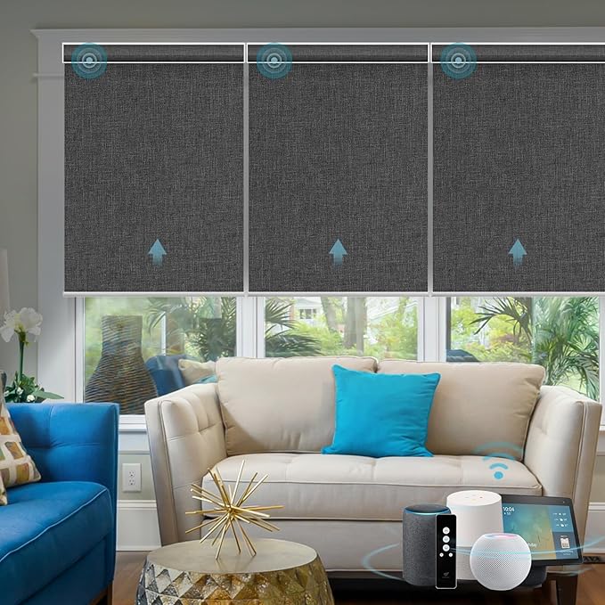 SmartWings Motorized Smart Blinds with Remote, Automatic Blackout Roller Shade Work with Alexa Homekit Thread Google Z-Wave, Electric Blind for Window, Custom Width Up to 110" W,Bouvardia Dark Grey