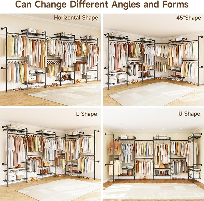 H6 Wall Mounted Closet System, Industrial Pipe Clothes Rack Clothing Racks with 6 Telescopic Rods & 3 Fixing Rods & 9 Shelves, Heavy Duty Closet Organizers and Storage in Wardrobe Closet (Black)