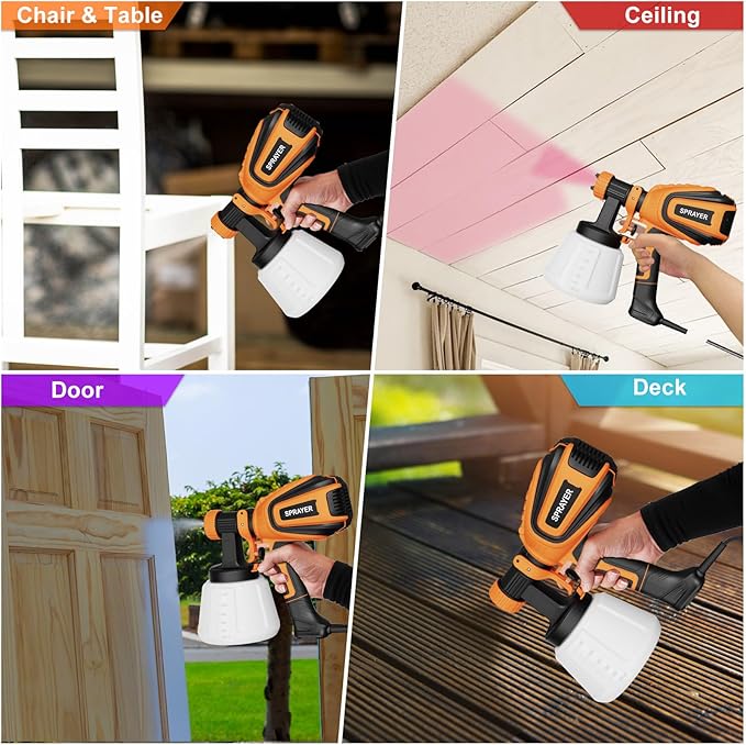 Paint Sprayer, 700W HVLP Spray Gun with Cleaning & Blowing Joints, 4 Nozzles and 3 Patterns, Easy to Clean, for Furniture, Cabinets, Fence, Walls, Door, Garden Chairs etc. VF803 Orange
