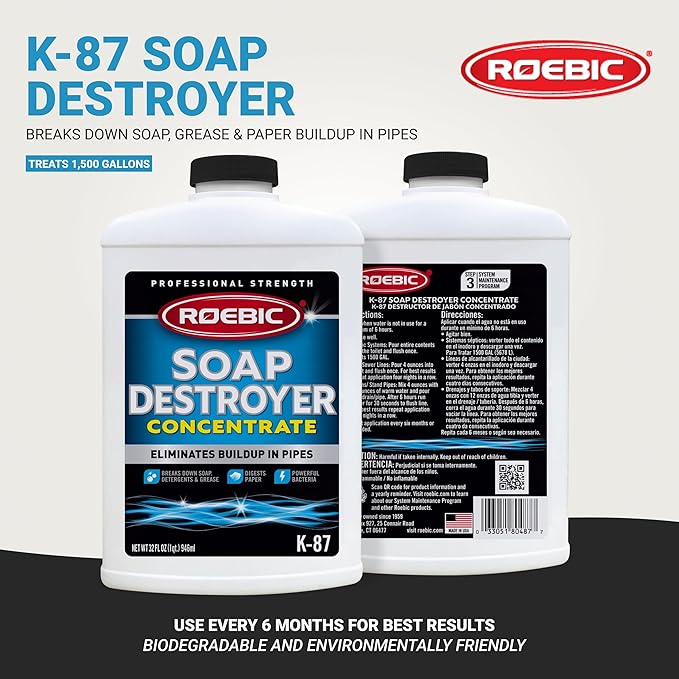 Roebic K-87 Liquid SGP Soap, Grease and Paper Digester with Bacteria, Eliminates Buildup in Pipes and Protects from Clogs, Treats 1500 Gallons, 32 fl oz Concentrate