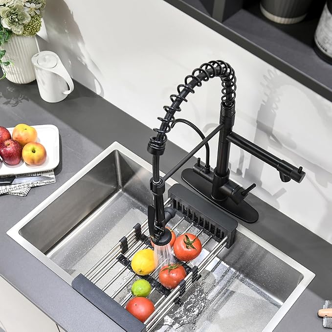 Fapully Commercial Kitchen Faucet with Pull Down Sprayer and Water Filter, Matte Black 3 in 1 Kitchen Faucets with Drinking Water Faucet