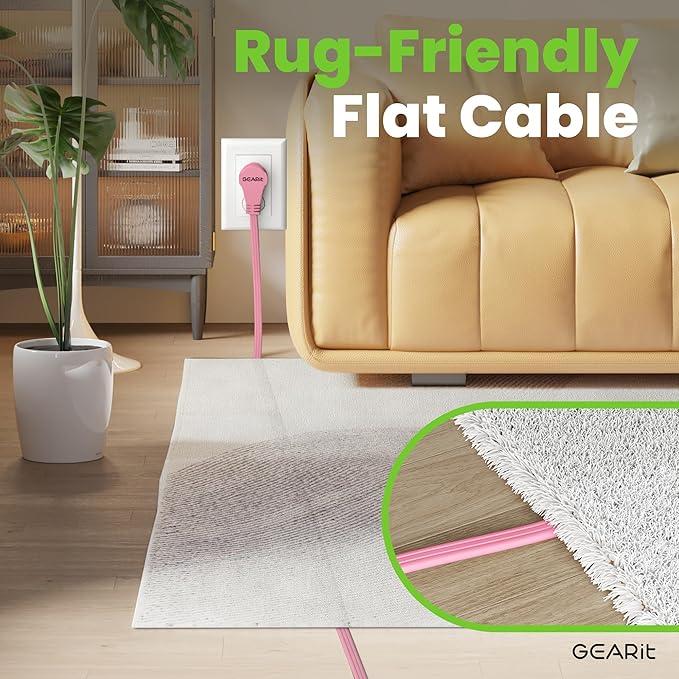 GEARit 360 Rotating Flat Plug Extension Cord with 3 Outlets (20ft, Pink) 16AWG/13A 3 Prong Wire, Outlet Saver for Home Office Dorm Room Essentials, ETL Certified
