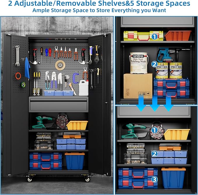 71"H Garage Storage Cabinet with Wheels, Drawer, Pegboard and 16 Hooks, Metal Storage Cabinet with Locking Doors and 2 Adjustable Shelves for Garage, Warehouse, Home, Black, Assembly Required