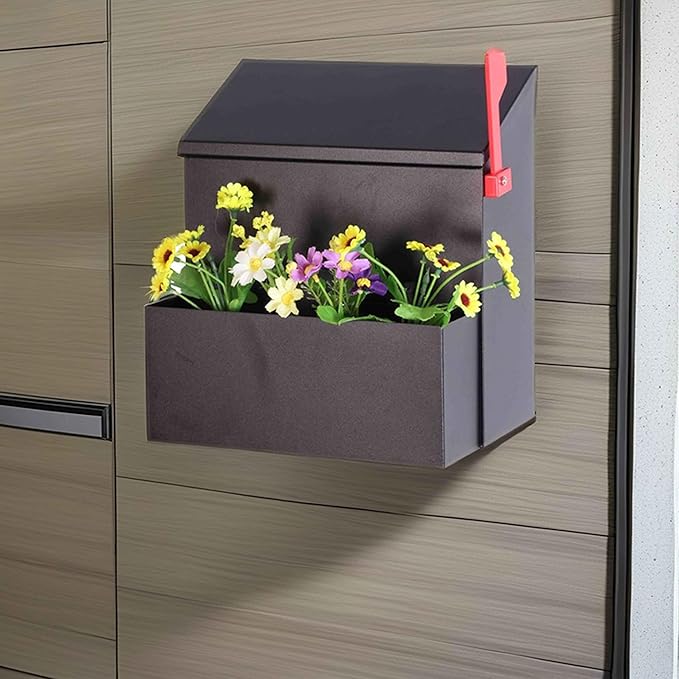 Wall Mount Mailbox with Flower Planter - Black Large Capacity Security Wall Mounted Mailbox - Waterproof Vertical Drop Mail Box Outdoor