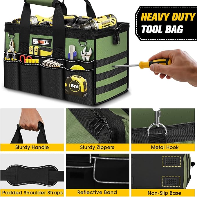 Heavy Duty Tool Bag 16-Inch - 19 Pockets Tool Organizer, Portable Electrician Toolbox W/Soft Handle, Christmas Birthday Gift Ideas for Men Dad Husband Him Mechanic Plumber, Wide Mouth Tool Storage Box