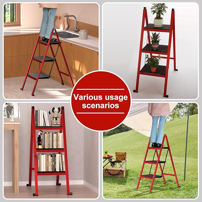 3 Step Ladder,Aluminum Ultra Thin Folding Step Stool,400 Lbs Capacity Heavy Duty with Anti-Slip Sturdy and Wide Tread,Closet Slim Step for Home,Kitchen and Office,Space Saving (Red, 3-Step)