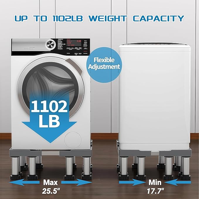 SEISSO Mini Fridge Stand Adjust Height 7"-8.2", Adjustable Heavy Duty Washing Machine Pedestal Stand, Load Capacity 1100LB, Universal Refrigerators Stand, Washer and Dryer Pedestal for Home 17.7"-25.5"