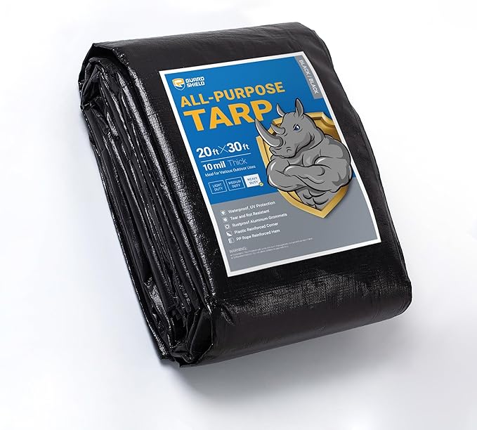 GUARD SHIELD Tarps Heavy Duty Waterproof 20x30 Feet Black Poly Tarp Cover Outdoor Thick UV Resistant Tarpaulin with Grommets 10mil