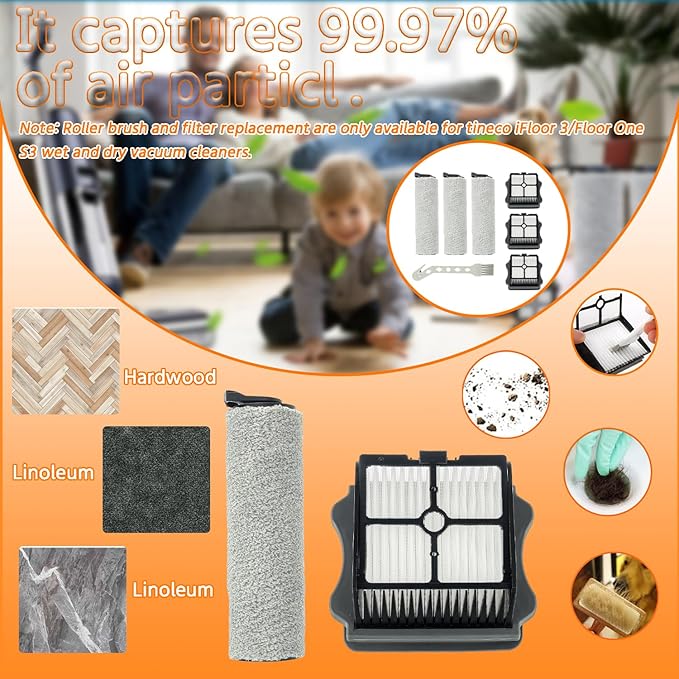 HEPA Filter and Roller Brush Replacement for Tineco iFloor 3 and Floor One S3 Cordless Wet Dry Vacuum Cleaner, 3 Brush Rollers and 3 HEPA Filters