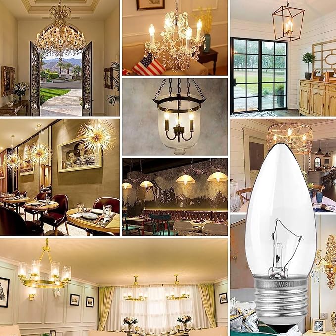 60W Incandescent Torpedo Tip Chandelier, Chandelier Light Bulbs 60 watt, Clear Dimmable, E26 Candelabra Base, Torpedo Transparent Light Bulbs for Chandeliers (10 Pack)