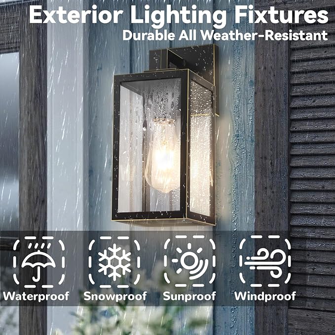 Outdoor Wall Light Fixture, Black Exterior Lantern with Clear Tempered Glass for Front Porch, Gold Trim Design, 2-Pack, E26 Base, Lanterns for Lighting, Lights for Wall mounting