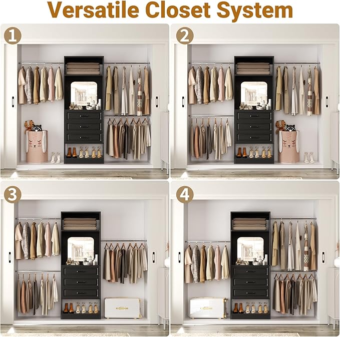 Unikito 8FT Closet System with Mirror, 96 Inch Walk in Closet Organizer Kit with Drawers and 3 Extendable Hanging Rods, Sturdy Wood Clothing Garment Rack with 25” Tower, Max Load 1000 LBS, Black