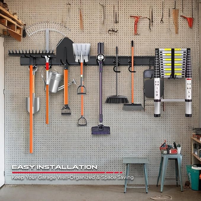 64" Heavy Duty Garage Storage Tool Organizer Wall Mount - Tool Rack with Adjustable Hooks, Anti-Rust, 300lbs Capacity - Easy Installation (4 Racks, 10 Hooks, 3 Straps)