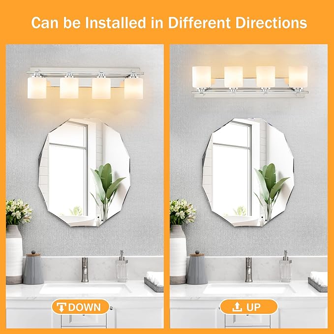 4 Light Modern Bathroom Light Fixtures Over Mirror, Chrome Vanity Lights for Bathroom Wall Sconces with Milky White Glass Shades, E26 Socket (Bulbs Not Included)