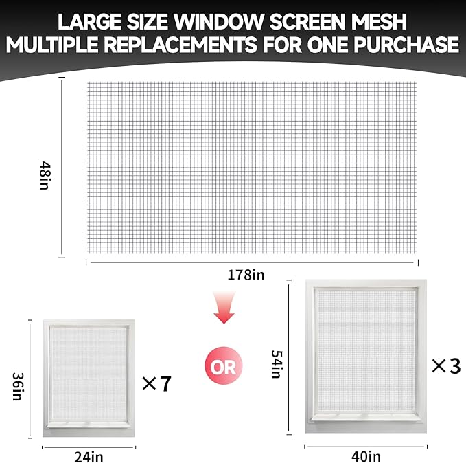 Window Screen Door Repair/Replacement Kit,48" x178" Adjustable Durable Fiberglass Window Screen Mesh,with Spline/Roller/Hook/Clips Screen Door Repair Kit,DIY Window,Porch Sliding Door(Grey)