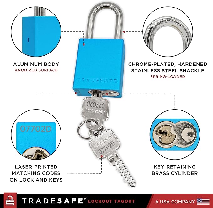 TRADESAFE Lockout Tagout Locks Set - 10 Blue Aluminum Loto Locks, Lock Out Tag Out Padlocks Keyed Alike, 2 Keys Per Lockout Padlock, OSHA Compliant