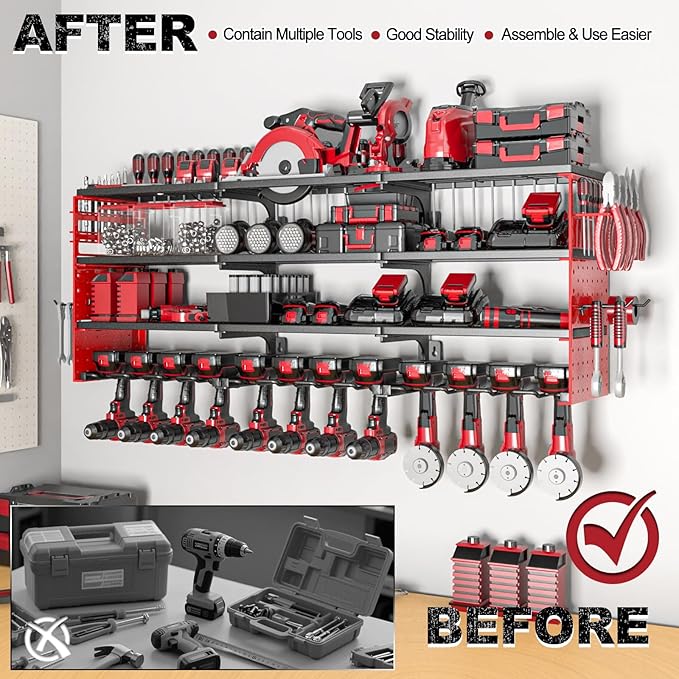 Large Power Tool Organizer Wall Mount, 52" Heavy Duty 4 Tier Garage Storage Shelf with 12 Drill Holder, Power Tool Storage Organizer Loads 480lbs for Garage Organization Warehouse Workshop