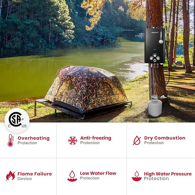 GASLAND 2.64GPM Propane Tankless Water Heater Outdoor 10L - Portable Camping Hot Water Heater, Overheating Protection, Easy to Install - Use for RV, Cabin, Barn, Camping, Boat (Black)