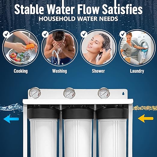 3 Stage High Capacity 20” White Whole House Water Filter System, Freestanding Steel Frame, Sediment, GAC+KDF & Carbon Cartridges, Presser Relief Button, 1” Brass Port, Pressure Gauges, Double O-Ring