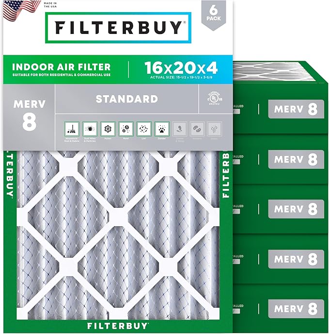 Filterbuy 16x20x4 Air Filter MERV 8 (MPR 700) Dust Defense Replacement (6-Pack), Electrostatic Pleated HVAC AC Furnace Filters, Made in USA (Actual Size: 15.50 x 19.50 x 3.63)