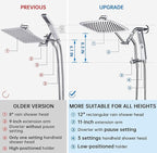 G-Promise All Metal 12 Inch Shower Head with Massage Mode Handheld, Rain Shower Head with Handheld Spray Combo, 3-Way Diverter with Pause Setting, 11 Inch Adjustable Extension Arm (Chrome)