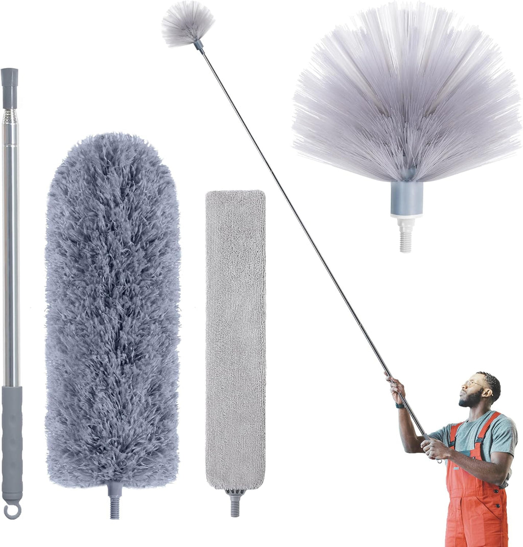 Duster with Extension Pole, Skinny Duster/Under Appliance Cleaning Tool & Spider Web Brush & Ceiling Cleaner, 100" Microfiber Feather Cleaner with Washable Head for Fan Furniture Wall